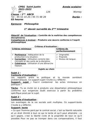 Première page de Philosophie 2nde A1, 2nde A2, 2nde B, 2nde C, 2nde D, 1ère A1, 1ère A2, 1ère B, 1ère C, 1ère D, Tle A2, Tle B, Tle C, Tle D — 1er devoir surveillé, 2e trimestre (2021-2022) · CPEG SAINT Justin