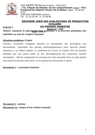 Première page de SVT Tle C — Production scolaire, 1er semestre (2020-2021) · CEG Sainte Rita