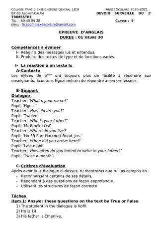 Première page de Anglais 5e — 1er devoir surveillé, 1er trimestre (2020-2021) · CPEG LICA