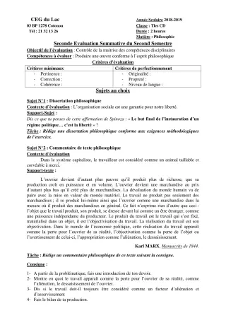 Première page de Philosophie Tle C, Tle D — 2e évaluation sommative, 2e semestre (2018-2019) · CEG du Lac