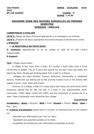Première page de Anglais 5e — 2e devoir surveillé, 1er semestre (2020-2021) · CEG PAHOU