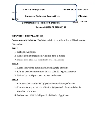 Première page de Histoire-Géographie 5e — 1re évaluation sommative, 1er semestre (2023-2024) · CEG2 ABOMEY - CALAVI (CEG ZOCA)
