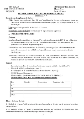 Première page de PCT 3e — 1er devoir surveillé, 2e semestre (2020-2021) · CEG du Lac