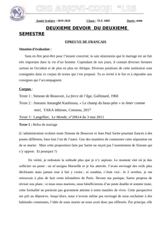 Première page de Français Tle B — 2e devoir surveillé, 2e semestre (2019-2020) · CEG ADJOVICODJI 'LES OLIVIERS'
