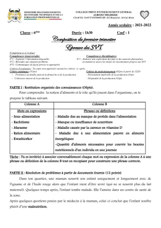 Première page de SVT 6e, 5e, 4e, 4e ML, 3e, 3e ML, 1ère A2, 1ère B, 1ère D, Tle A2, Tle B, Tle D — 1re composition, 1er trimestre (2021-2022) · CPEG AGBOZO MEGBEDJI