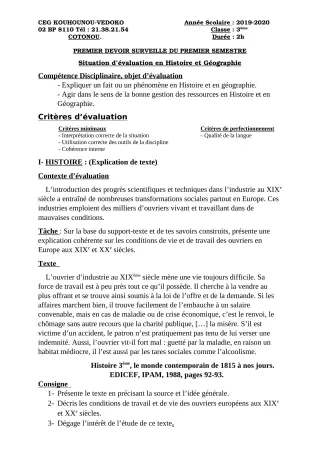 Première page de Histoire-Géographie 3e, 3e ML — 1er devoir surveillé, 1er semestre (2019-2020) · CEG Kouhounou-Vêdoko