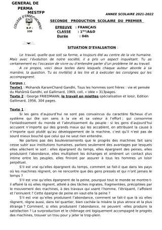 Première page de Français 6e, 5e, 4e, 3e, 2nde A, 2nde D, 1ère A, 1ère D, Tle A, Tle D — 2e production scolaire, 1er semestre (2021-2022) · CEG Perma