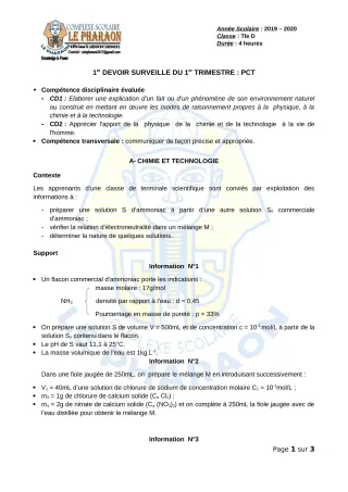 Première page de PCT Tle D — 1er devoir surveillé, 1er trimestre (2019-2020) · CPEG LE PHARAON