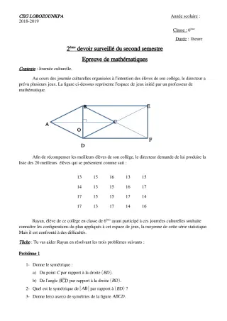 Première page de Mathématiques 6e — 2e devoir surveillé, 2e semestre (2018-2019) · CEG Lobozounkpa