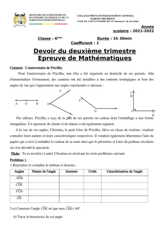 Première page de Mathématiques 6e, 5e, 4e, 3e, 2nde A2, 2nde B, 2nde D, 1ère A2, 1ère B, 1ère D, Tle A2, Tle B, Tle D — 1er devoir surveillé, 2e trimestre (2021-2022) · CPEG AGBOZO MEGBEDJI