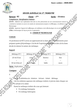 Première page de PCT 5e — 1er devoir surveillé, 2e trimestre (2020-2021) · CPEG ROSAIRE