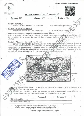 Première page de PCT 4e, 4e ML — Devoir surveillé, 1er trimestre (2021-2022) · CPEG ROSAIRE