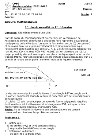 Première page de Mathématiques 4e — 1er devoir surveillé, 1er trimestre (2021-2022) · CPEG SAINT Justin