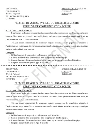 Première page de Français 3e, 3e ML — 1er devoir surveillé, 1er semestre (2020-2021) · CEG FIYEGNON