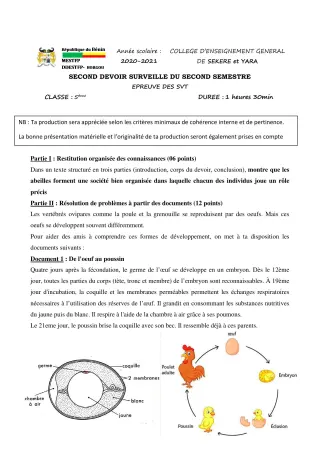 Première page de SVT 5e — 2e devoir surveillé, 2e semestre (2020-2021) · CEG SEKERE