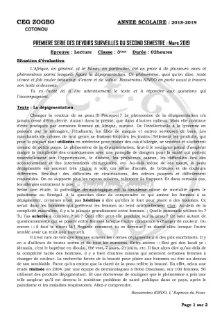 Première page de Français 3e, 3e ML — 1er devoir surveillé, 2e semestre (2018-2019) · CEG ZOGBO