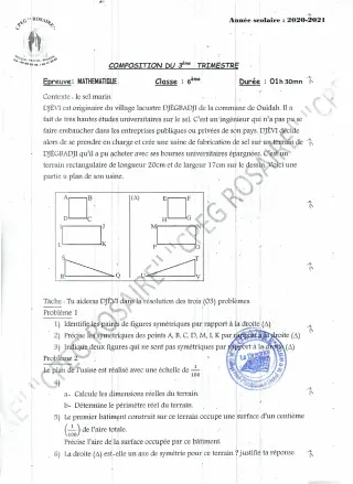 Première page de Mathématiques 6e — Composition (2020-2021) · CPEG ROSAIRE