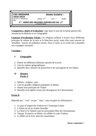 Première page de Histoire-Géographie 6e — 1er devoir surveillé, 2e semestre (2018-2019) · CEG OKEDAMA