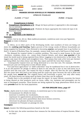 Première page de Anglais 2nde A2, 2nde D — 1er devoir surveillé, 1er semestre (2021-2022) · CEG SEKERE