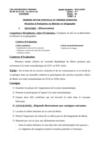 Première page de Histoire-Géographie 4e, 4e ML — 1er devoir surveillé, 1er semestre (2019-2020) · CEG Kouhounou-Vêdoko