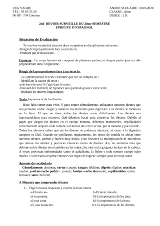 Première page de Espagnol 4e ML, 3e ML — 2e devoir surveillé, 2e semestre (2019-2020) · CEG Yagbe