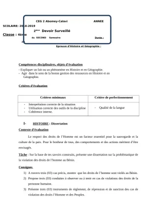 Première page de Histoire-Géographie 4e, 4e ML — 2e devoir surveillé, 2e semestre (2018-2019) · CEG2 ABOMEY - CALAVI (CEG ZOCA)