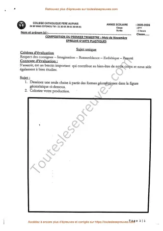 Première page de Arts Plastiques 6ème – Composition du 1er trimestre 2025-2026 – Dessin géométrique d’une chaise – Collège Catholique Père Aupiais