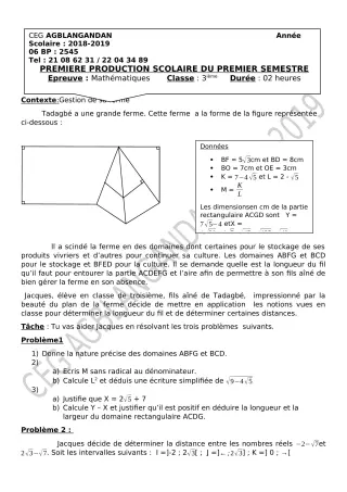 Première page de Mathématiques 3e, 3e ML, 2nde C — 1re production scolaire, 1er semestre (2018-2019) · CEG AGBLANGANDAN
