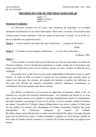 Première page de Français 2nde A & B, 2nde A1, 2nde A2, 2nde B, 2nde D — 1er devoir surveillé, 1er semestre (2019-2020) · CEG Attogon