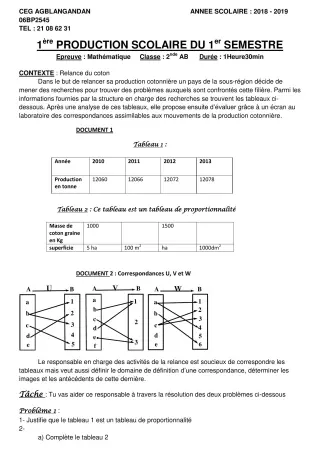 Première page de Mathématiques 2nde A, 2nde B — 1re production scolaire, 1er semestre (2018-2019) · CEG AGBLANGANDAN