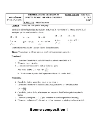 Première page de Mathématiques Tle A2 — 1er devoir surveillé, 1er semestre (2019-2020) · CEG Kaïtèmè