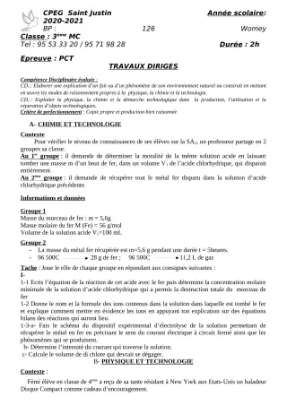 Première page de Devoir surveillé de PCT — 3e — CPEG SAINT Justin (2020)