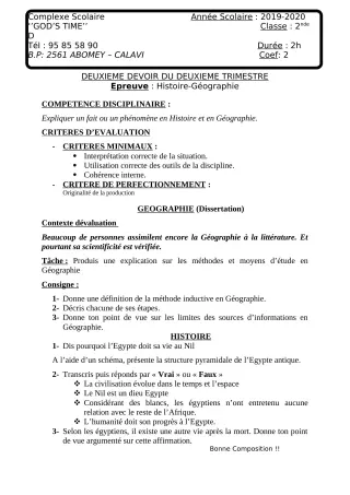 Première page de Histoire-Géographie 2nde D — Composition, 2e trimestre (2019-2020) · CPEG GOD'S TIME