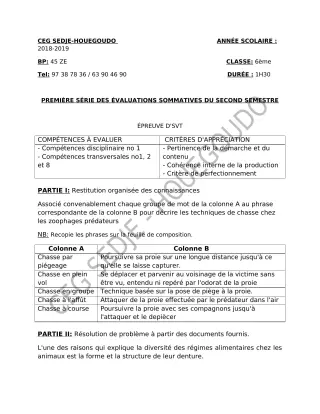 Première page de SVT 6e — 1re évaluation sommative, 2e semestre (2018-2019) · CEG Sèdjè-Houègoudo