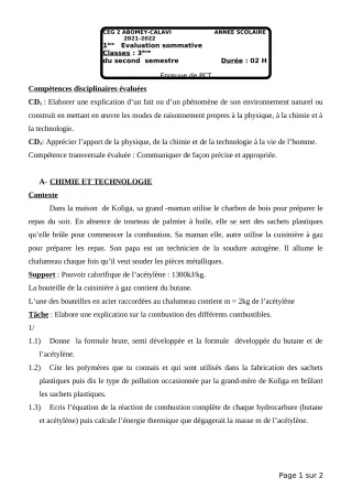 Première page de PCT 3e — 1re évaluation sommative, 2e semestre (2021-2022) · CEG2 ABOMEY - CALAVI (CEG ZOCA)