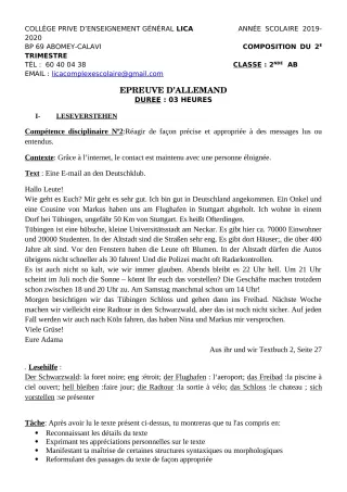 Première page de Allemand 2nde A2, 2nde B — Composition, 1er trimestre (2019-2020) · CPEG LICA