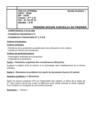 Première page de SVT 2nde A, 2nde A & B, 2nde B, 2nde C, 2nde D — 1er devoir surveillé (2019-2020) · CEG Le Littoral