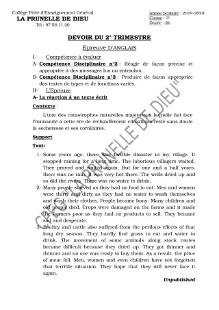 Première page de Anglais 3e, 3e ML — Devoir surveillé, 2e trimestre (2019-2020) · CEPG La Prunelle de Dieu