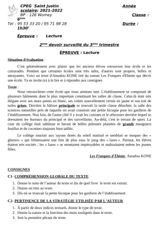 Première page de Français 6e — 2e devoir surveillé, 3e trimestre (2021-2022) · CPEG SAINT Justin