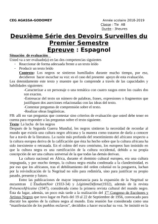 Première page de Espagnol Tle A2, Tle B — 2e devoir surveillé, 1er semestre (2018-2019) · CEG Agassa Godomey