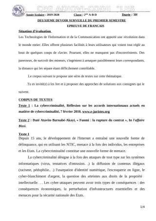 Première page de Français 2nde B — 2e devoir surveillé, 1er semestre (2019-2020) · CEG ADJOVICODJI 'LES OLIVIERS'