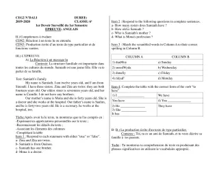 Première page de Anglais 6e, 5e, 4e, 4e ML, 3e, 3e ML — 1er devoir surveillé, 1er semestre (2019-2020) · CEG 2 N'DALI