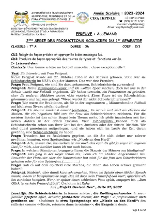 Première page de Allemand Tle A1, Tle A2 — 2e production scolaire, 1er semestre (2023-2024) · CEG1 Ikpinlè