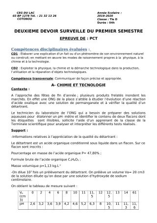 Première page de PCT Tle D — 2e devoir surveillé, 1er semestre (2019-2020) · CEG du Lac