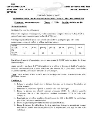 Première page de Mathématiques 1ère A, 1ère A1, 1ère A2, 1ère B — 1re évaluation sommative, 2e semestre (2019-2020) · CEG Dantokpa