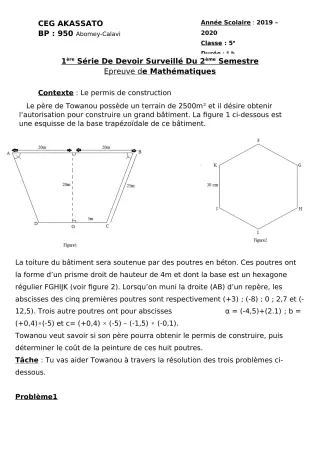 Première page de Mathématiques 5e — Devoir surveillé, 2e semestre (2019-2020) · CEG Akassato