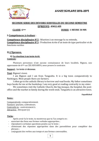 Première page de Anglais 6e, 5e, 4e, 4e ML, 3e, 3e ML — 2e devoir surveillé, 2e semestre (2018-2019) · CEG TAMPÈGRÉ