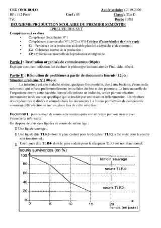 Première page de SVT Tle D — 2e production scolaire, 1er semestre (2019-2020) · CEG ONIGBOLO