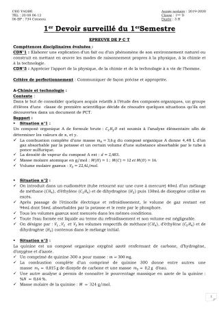 Première page de PCT 1ère D — 1er devoir surveillé (2019-2020) · CEG Yagbe