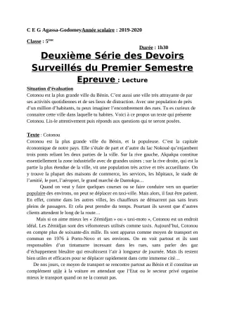 Première page de Français 5e — 2e devoir surveillé, 1er semestre (2019-2020) · CEG Agassa Godomey